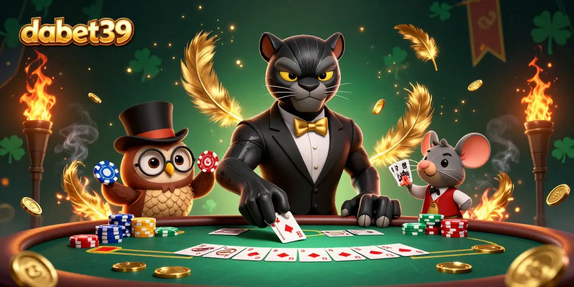 Experience exciting poker moments at dabet39 with charming characters and vibrant casino imagery.