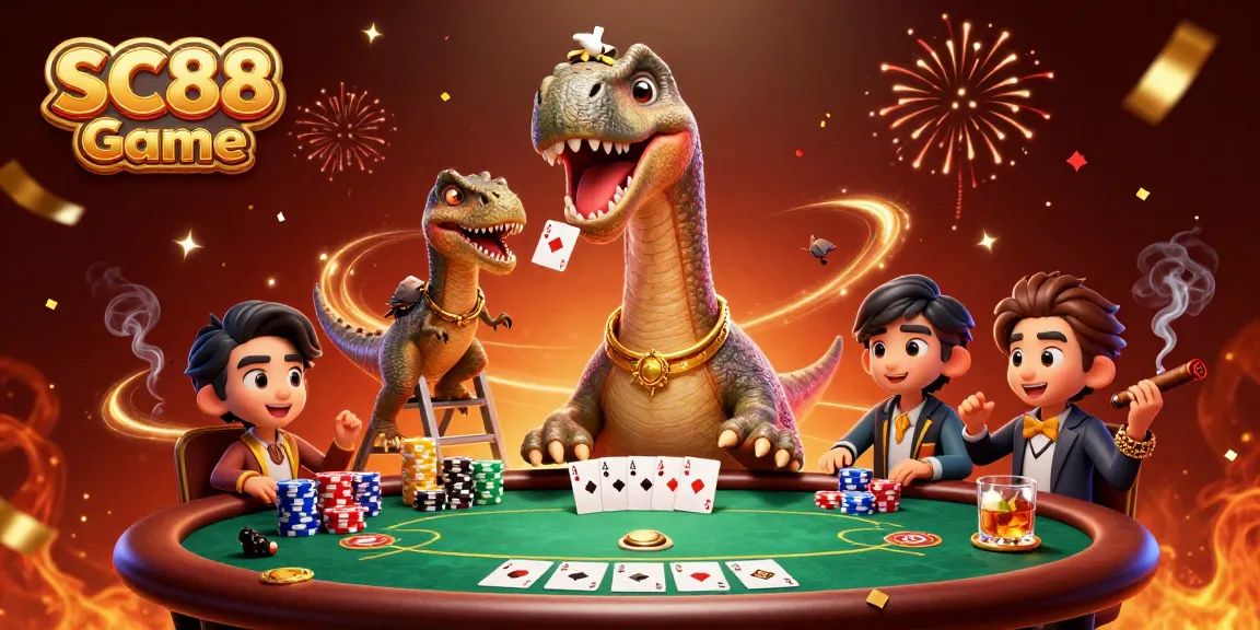 Experience excitement with SC88 Game featuring a towering brontosaurus and clever raptor at a vibrant poker scene.